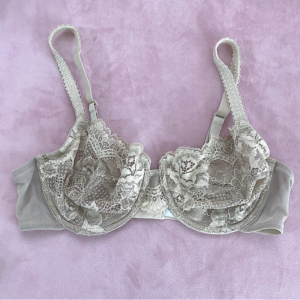 Gorgeous Wacoal Lace Bra Sheer Mesh Underwire 36C Sexy Beige Nude Unique EUC